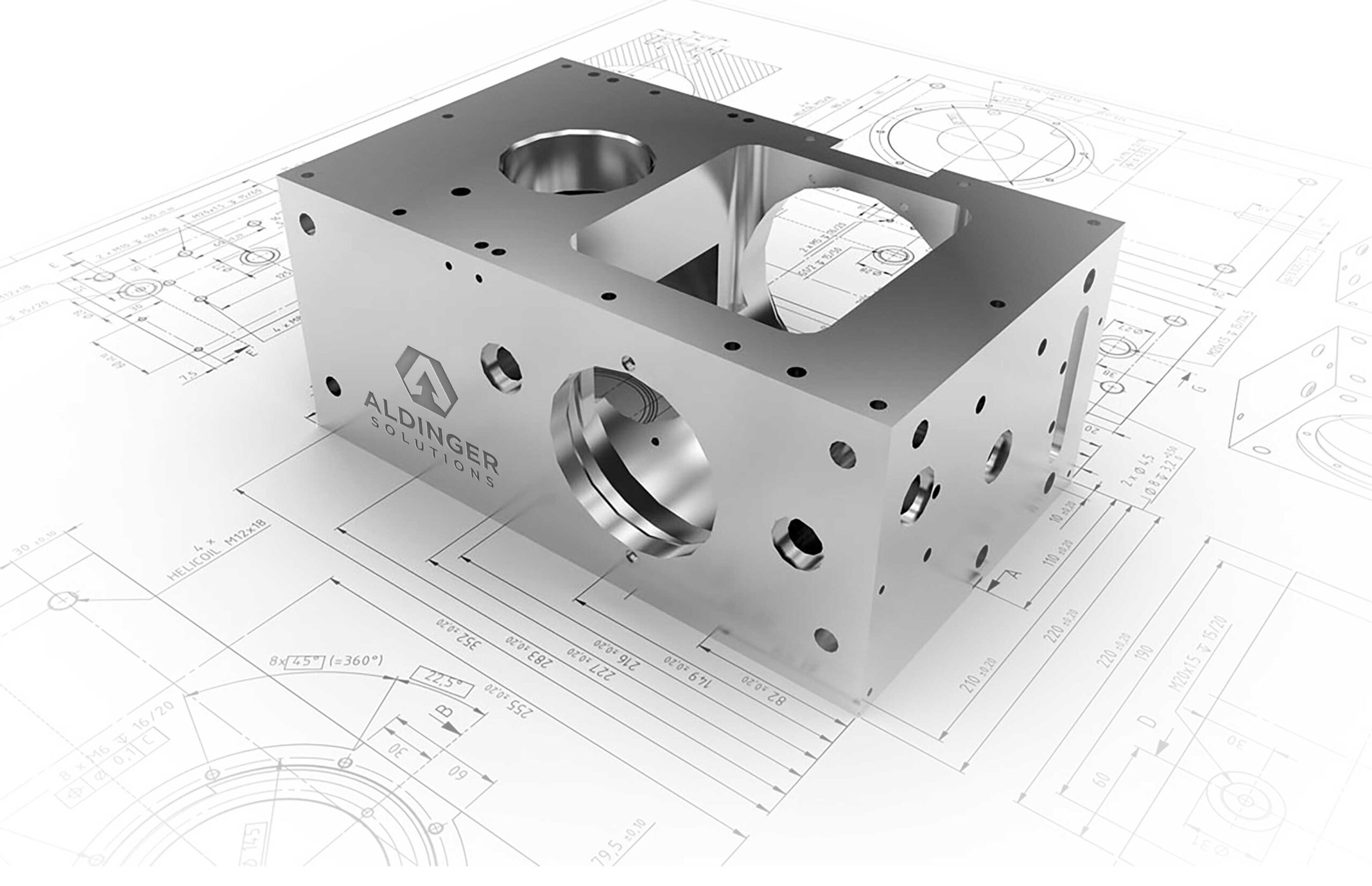 Präzisionsgefrästes Metallbauteil mit Aldinger Solutions Logo auf technischem CAD-Konstruktionsplan