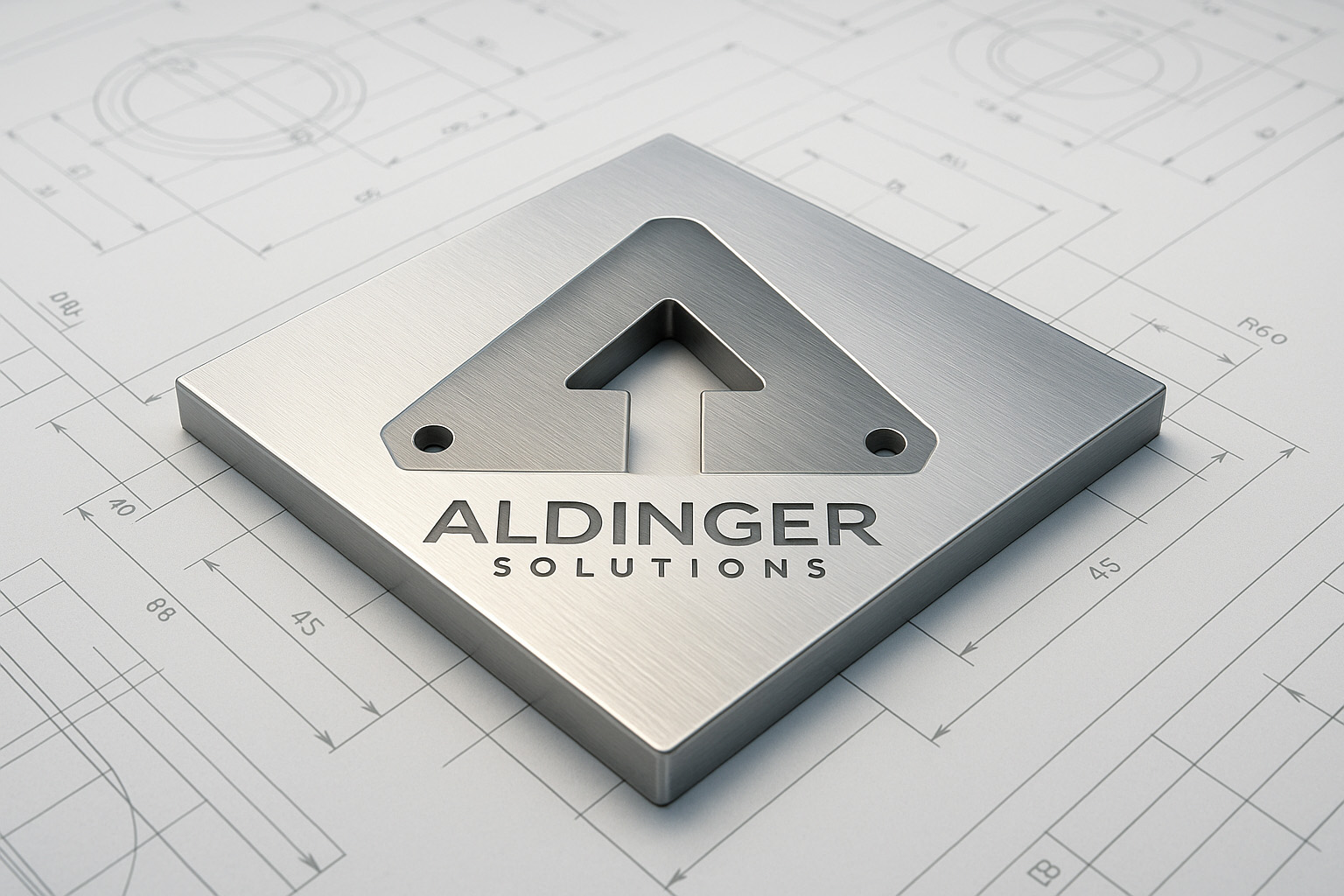 Logo von Aldinger Solutions auf einer gefrästen Aluminiumplatte mit technischer Konstruktionszeichnung im Hintergrund