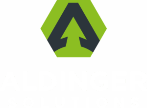 Logo von Aldinger Solutions mit grün-schwarzem Technik-Symbol und weißer Schrift